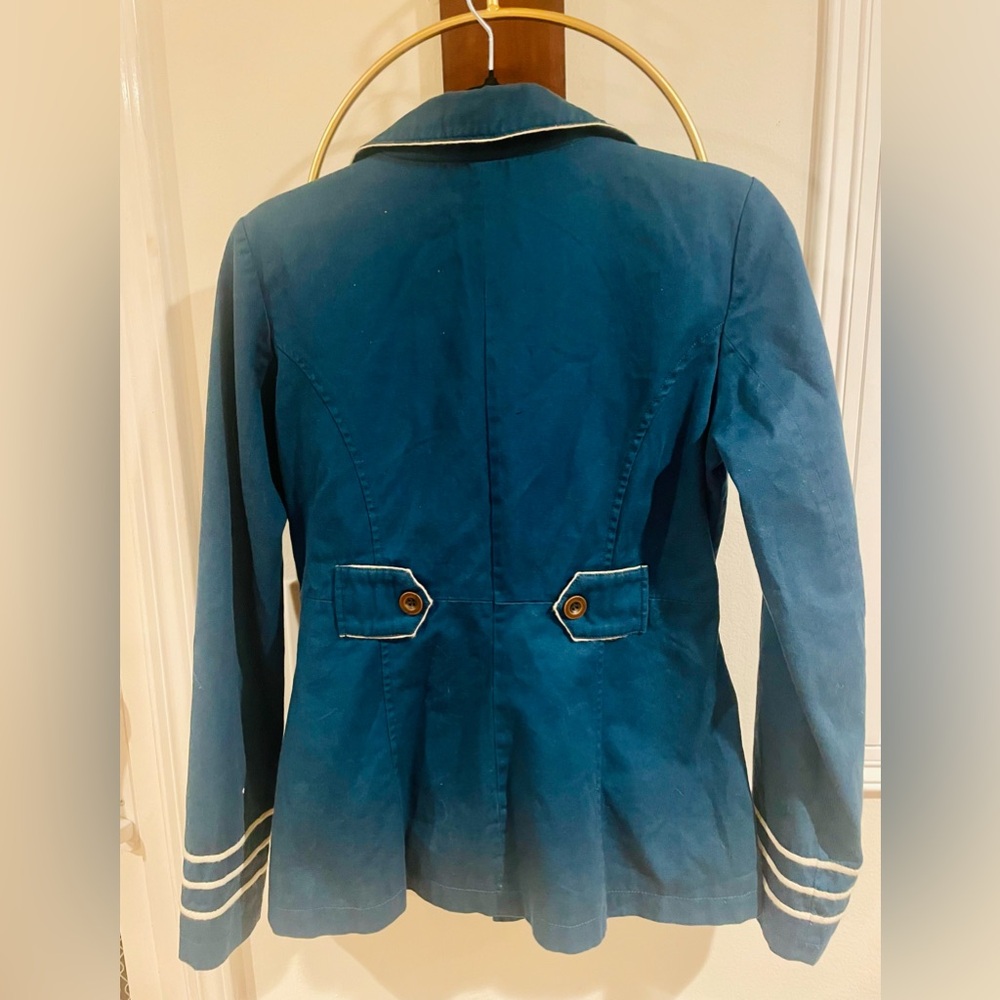 Tulle Teal Trench Coat with White Accents - Picture 5 of 5